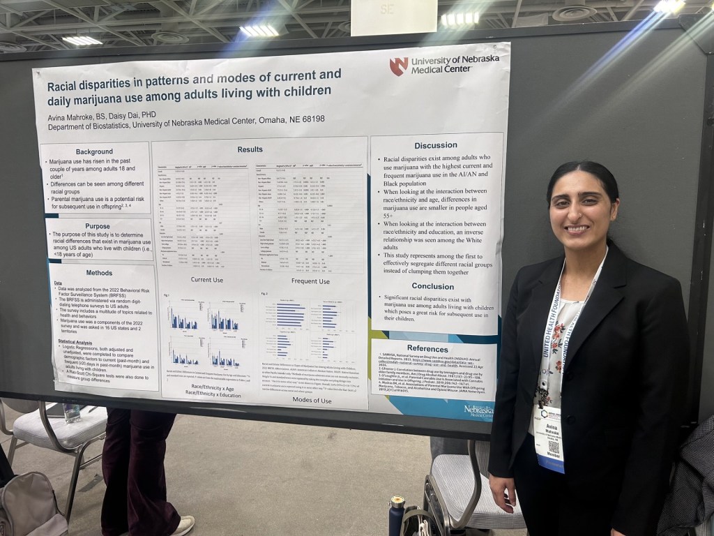 Lab alumna Avina Mahroke poses with her poster, “Racial Disparities in Patterns and Modes of Current and Daily Marijuana Use Among Adults Living with Children,” at the 2024 American Public Health Association Conference.
